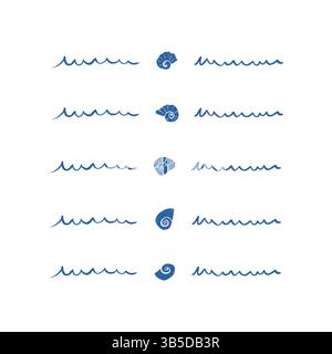 Unterteilungen mit blauen Muscheln und handgezeichneten Wellenlinien im Doodle-Stil für Sommer-Design Stock Vektor