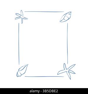 Rechteckiger Meeresrahmen mit niedlichen handgezeichneten Meereskritzeleien und Unterwasserkreaturen auf hellblauem Hintergrund Stock Vektor