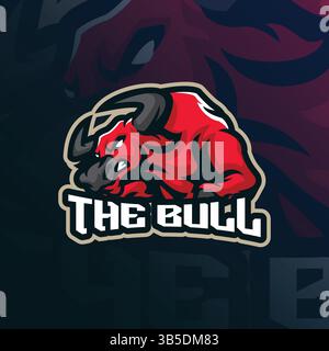 Bull Maskottchen-Logo für den Druck von Sportmannschaft und T-Shirt. Illustration des wütenden roten Bullen. Stock Vektor