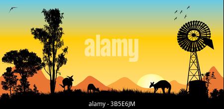 Kaugummi mit Kängurus und Vögeln im Baum und Hintergrund bei Sonnenuntergang. Australische Szene Stock Vektor