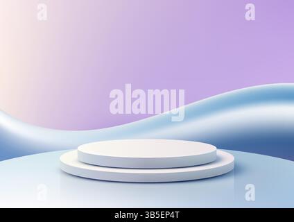 Weißes 3D-Podium vor pastellfarbenem Hintergrund mit reflektierender blauer Oberfläche und abstraktem Wellendesign. Produktmodelle, Firmenpräsentation Stock Vektor