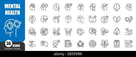 Psychische Gesundheit. Medizinisches Umrisssymbol. Editierbarer Schlaganfall. Vektor . Stock Vektor