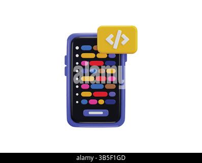 Smart Phone- und Programmcode-Entwicklung Coding-Symbol Konzept des Symbols für die Entwicklung mobiler Apps 3D-Rendering Stock Vektor