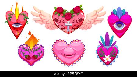 Mexikanische heilige Herzen Set - bunte Karikaturvektor-Illustrationen mit Augen und Flamme, Flügeln und Rosen, Kreuz- und Dornstöcke. Dekorative traditionelle religiöse grafische Elemente des lateinamerikanischen Volkes Stock Vektor