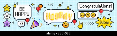 Pixel-Sprechblasen und Symbole werden isoliert im Hintergrund gesetzt. Vektorillustration von Messenger Chatboxen mit Text und Emoji, Retro-Sterne, Konfetti, Luftballon, Handschilder, Design mit Retro-Nachrichten Stock Vektor