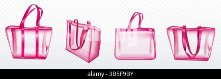 Transparentes Tragetaschen-Set – transparente Einkaufstaschen aus Kunststoff mit rosafarbenen Griffen, leere Taschen. Realistische 3D-Modelle von durchsichtigen Geldbörsen, umweltfreundliche Verpackung. Vektor Mode Accessoire Illustration Stock Vektor