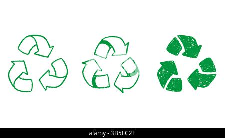 Satz handgezeichneter Recyclingpfeile. Grüne Farbe im Stile- und Kreidestil. Umweltfreundliche, skizzierte Bleistiftpfeile. Vektorillustration für Nachhaltigkeit Stock Vektor