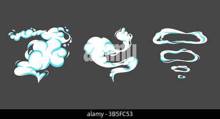 Cartoon Smoke Wolken Set. Vektor-weißer Dampf, Nebel, Aroma oder giftige Dampfstöße. Staubige, fließende Rauchelemente für Design, Effekte und Illustrationen o Stock Vektor