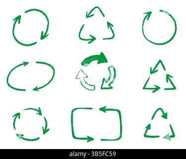 Symbolsatz handgezeichnete Recyclingpfeile. Stifte und Kreide in grüner Farbe. Umweltfreundliche, skizzierte Bleistiftpfeile. Vektorillustration für Nachhaltigkeit Stock Vektor