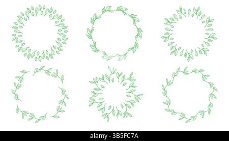 Handgezeichneter Rundlinienrand mit Blättern und Blumen. Elegantes Blumenset im minimalistischen Stil für Hochzeitseinladungen, Karten, Logomotive und Poster. Leistung Stock Vektor