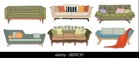 Set aus trendigem Sofa, Sofas mit isolierten Kissen Stock Vektor