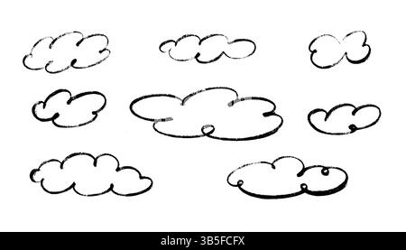 Kreidebleistift Wolke Doodle Set. Kindliche Buntstift-Himmelselemente mit Grunge-Pastell-Textur. Handgezeichnete Vektorillustration isoliert auf weiß für Baby Desi Stock Vektor