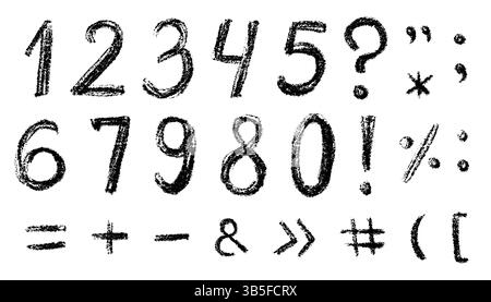 Grunge Kreide Vektorzahlen von 0 bis 9. Schmutzig lackierte Zahlen mit kräftigen, trockenen Pinselstrichen. Handgezeichnete Typografie-Elemente zum Verkauf, Rabatt und Bus Stock Vektor