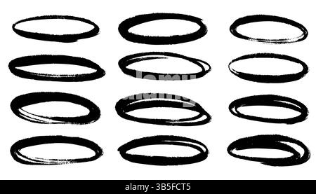 Mit Pinseln gezeichnete Ellipsen, Ovale und Blasen zum Hervorheben von Text. Handgezeichneter Marker und Kreidekreide. Geometrische Umrissformen im Doodle-Stil. Vektortinte el Stock Vektor