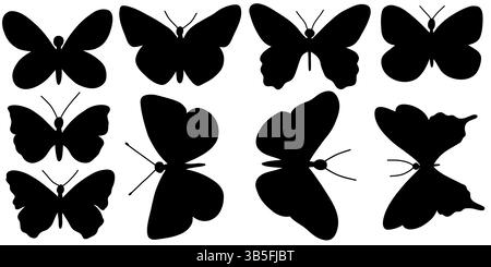 Set aus Silhouetten mit schwarzem Schmetterling in verschiedenen Flügelformen und -Größen Stock Vektor