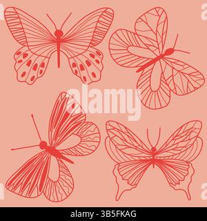 Handgezeichnete rote Schmetterlinge auf rosafarbenem Hintergrund. Stock Vektor