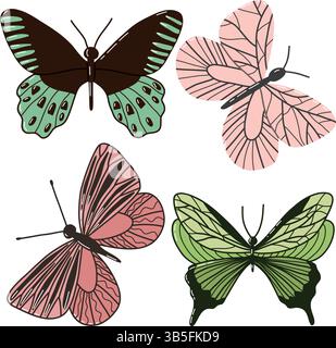 Handgezeichnete künstlerische Schmetterlinge in verschiedenen Farben und Designs Stock Vektor