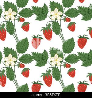 Nahtloses Muster mit Erdbeeren, Blumen und grünen Blättern auf weißem Hintergrund Stock Vektor
