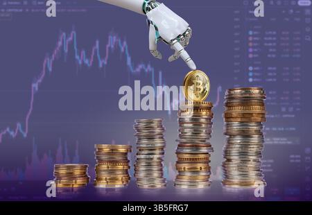 Eine Roboterhand platziert einen Bitcoin auf einem wachsenden Stapel von Münzen und symbolisiert digitale Währungsinvestitionen vor einem finanziellen Hintergrund. Stockfoto