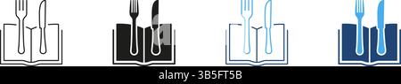 Öffnen Sie das Buch mit den Symbolen für Gabel und Messer und Silhouette. Menü Und Gesundes Essen. Buchen Sie Mit Besteck Für Gesundes Essen Und Essen. Kochbuchsymbol Stock Vektor