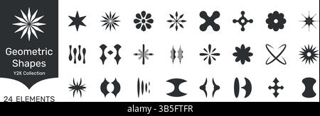 Retro Futuristic Geometric Y2K Shapes Elementmotive Volumenkörper Symbolsatz. Retro Futuristic Geometric Y2K Shapes Element Motifs Silhouette Symbol Collection Stock Vektor