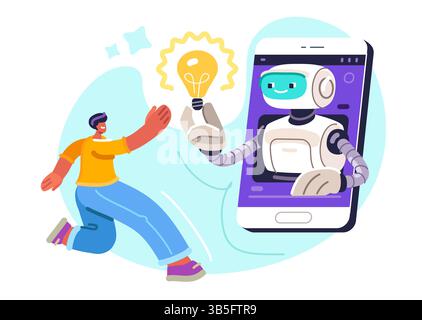KI-Chatbot online und menschlich. Der Mensch nutzt künstliche Intelligenz, um innovative Ideen zu entwickeln. Digitale Technologien Stock Vektor