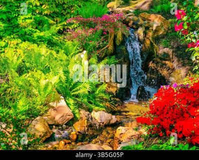 Lebendige Gartenszene mit einem kleinen Wasserfall, der über Felsen stürzt, umgeben von üppigen grünen Farnen und blühenden Blumen in lebhaften Rosa- und Rottönen. Vertikaler Natur Hintergrund. Stockfoto