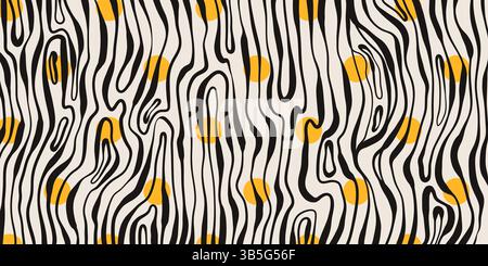 Schwarz-weiße, moderne Wavy Lines. Abstraktes Zebrastreifen-Muster. Textur mit flüssiger Verzerrung mit gelben Punkten. Moderne kontrastreiche Tapete. Optisch Stock Vektor