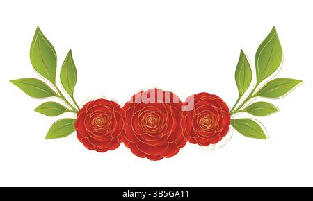 Blick von oben auf rote Rosen und Blätter mit goldener Blumenlinie, goldene luxuriöse Blumenlinien. Vektorillustration von handgezeichneten botanischen dekorativen Elementen. Stock Vektor
