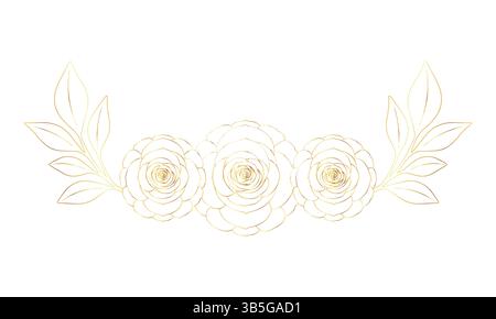 Blick von oben auf Blumen und Blätter in Line Art Line, goldene luxuriöse Blumenlinien. Vektorillustration von Hand gezeichnetem botanischem dekorativen Element. Stock Vektor