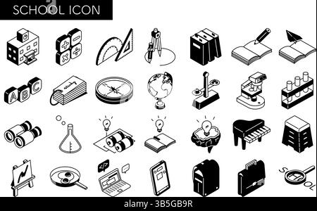 Einfache Linienzeichnung Symbolsatz von Schule und Studium, isometrische Illustration, Vektorillustration Stock Vektor