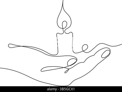 Minimales einzeiliges Kunstwerk einer Hand, die eine brennende Kerze hält und Hoffnung, Frieden, Spiritualität und emotionale Wärme in einem einfachen abstrakten Design symbolisiert. Stock Vektor