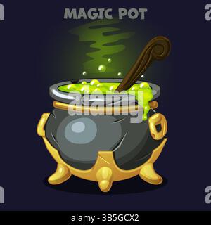 Cartoon-Topf mit Zaubertrank. Gruseliger Hexenkaldron mit grüner magischer Suppe im Cartoon-Stil isoliert. UI-Asset, Laborspiel, Hexenobjekt Stock Vektor