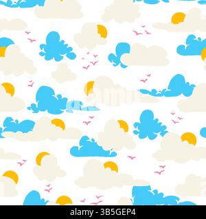Sonne und Wolken nahtloses Muster mit fliegenden Vögeln im blauen Himmel. Skurriles Kindermotiv. Himmelselemente im Cartoon-Stil. Niedlicher Hintergrund mit pastellfarbenen Wolken. Stock Vektor