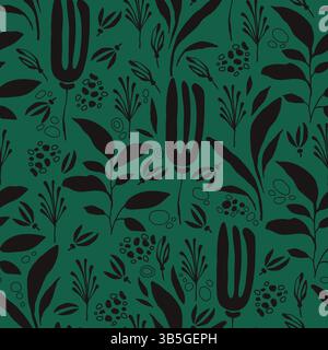 Minimalistisches nahtloses Muster mit Blattstielen und winzigen Blumen auf beigem Hintergrund. Eleganter, sich wiederholender Hintergrund mit natürlichen Elementen, Strichkunst Stock Vektor