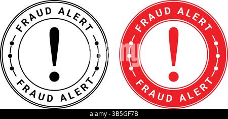 Warnschild für Betrugswarnung in kreisförmigem Design mit fettgedrucktem Ausrufezeichen in Rot und Schwarz, für Betrug, Vorsicht, Sicherheit und Risiko Stock Vektor