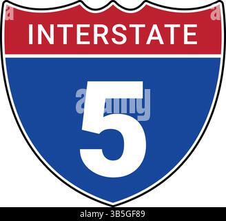 Blaues und rotes interstate-Straßenschild mit großer weißer Nummer 5 und dem Wort „INTERSTATE“ an der Spitze, das für die Verkehrsnavigation und die Richtungslinie verwendet wird Stock Vektor