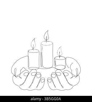 Minimales Zeilenbild mit Händen, die sanft drei brennende Kerzen halten und Hoffnung, Frieden, Schutz und spirituelle Wärme in einer beruhigenden Weise symbolisieren Stock Vektor