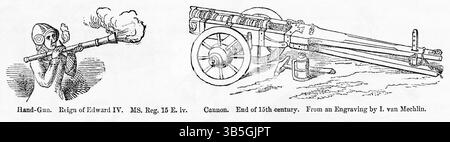 2. Mai 2022, London, England, Vereinigtes Königreich: Handpistole, Reign von Eduard IV.; Cannon, Ende des 15. Jahrhunderts, nach Stich von I. van Mechlin, Illustration aus dem Buch, ''John Casselâ€™s Illustrated History of England, Band II'', Text von William Howitt, Cassell, Petter und Galpin, London, 1858 (Bild: © JT Vintage/Glasshouse Via ZUMA Press Wire) Stockfoto