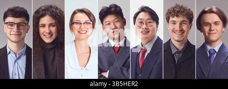 Business Portrait Collage. Gruppe von jungen Berufstätigen, die in Geschäftskleidung lächeln und Teamwork als Symbol für Selbstbewusstsein, persönlichen Stil und Karriereziele symbolisieren. Stockfoto