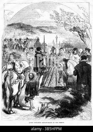 2. Mai 2022, London, England, Vereinigtes Königreich: Königin Elisabeth anerkannt von den Bischöfen, Illustration aus dem Buch, ''John Casselâ€™s Illustrated History of England, Band II'', Text von William Howitt, Cassell, Petter und Galpin, London, 1858 (Bild: © JT Vintage/Glasshouse Via ZUMA Press Wire) Stockfoto