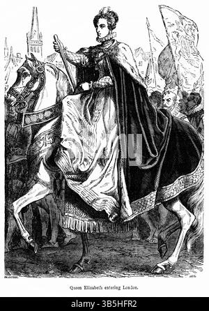 2. Mai 2022, London, England, Vereinigtes Königreich: Queen Elizabeth in London, Illustration aus dem Buch, John Casselâ™s Illustrated History of England, Volume II, Text von William Howitt, Cassell, Petter und Galpin, London, 1858 (Bild: © JT Vintage/Glasshouse Via ZUMA Press Wire) Stockfoto