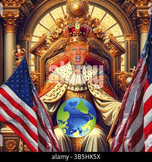 Symbolisches Image, König Donald, Welt auf dem Kopf, Donald Trump sieht sich selbst als Majestät über dem Gesetz, US-Demokratie in Gefahr, politische Erpressung, EU Stockfoto