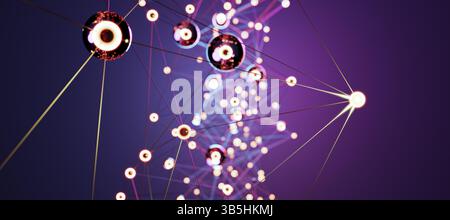 Dynamisches blaues geometrisches Netzwerk, abstrakte Darstellung von digitaler Konnektivität, Kommunikation und technologischem Web mit beweglichen Linien und Punkten Stockfoto