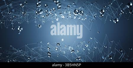 Dynamisches blaues geometrisches Netzwerk, abstrakte Darstellung von digitaler Konnektivität, Kommunikation und technologischem Web mit beweglichen Linien und Punkten Stockfoto