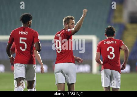 Sofia, Bulgarien - 14. Oktober 2019: England feiert ihr 6. Ziel gegen Bulgarien zählen während Bulgarien vs England match Teil 2020 E Stockfoto