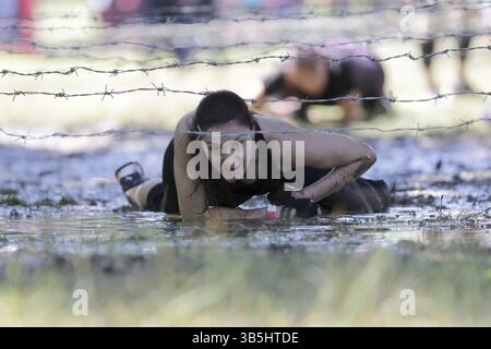 Sofia, Bulgarien - 9. Juli 2016: Ein Teilnehmer krabbelt bei der extremen Sportwettbewerb Legion Run in der Nähe von Sofia unter elektrifizierten Drähten durch Wasser. Stockfoto