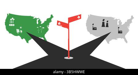 Eine Straße teilt sich in zwei US-Karten: Eine grüne mit Symbolen für erneuerbare Energien, die andere graue mit umweltschädlichen Fabriken. Ein roter Wegweiser markiert die Umgebung Stock Vektor