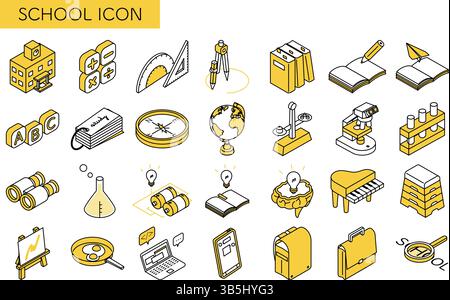 Einfache Linienzeichnung Symbolsatz von Schule und Studium, isometrische Illustration, Vektorillustration Stock Vektor