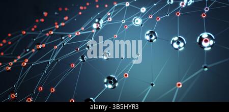 Dynamisches blaues geometrisches Netzwerk, abstrakte Darstellung von digitaler Konnektivität, Kommunikation und technologischem Web mit beweglichen Linien und Punkten Stockfoto